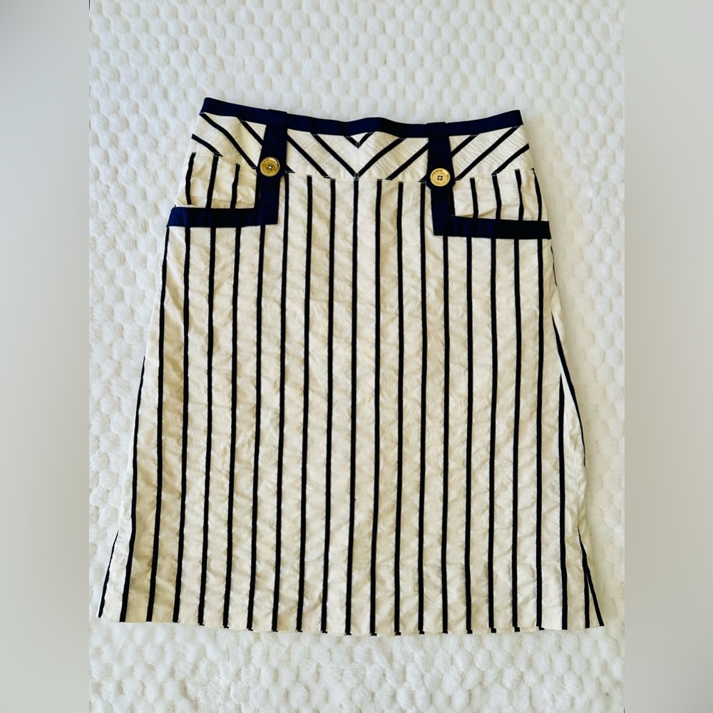 Tory Burch Navy and Cream Striped Pencil Skirt